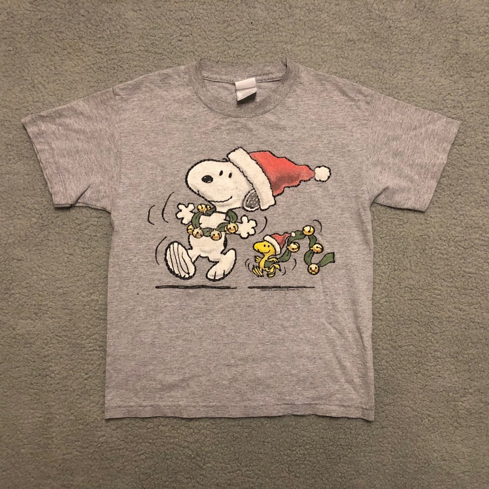 VTG Y2K Peanuts Snoopy Woodstock Christmas T-Shirt Gray Santa Hat Youth Medium